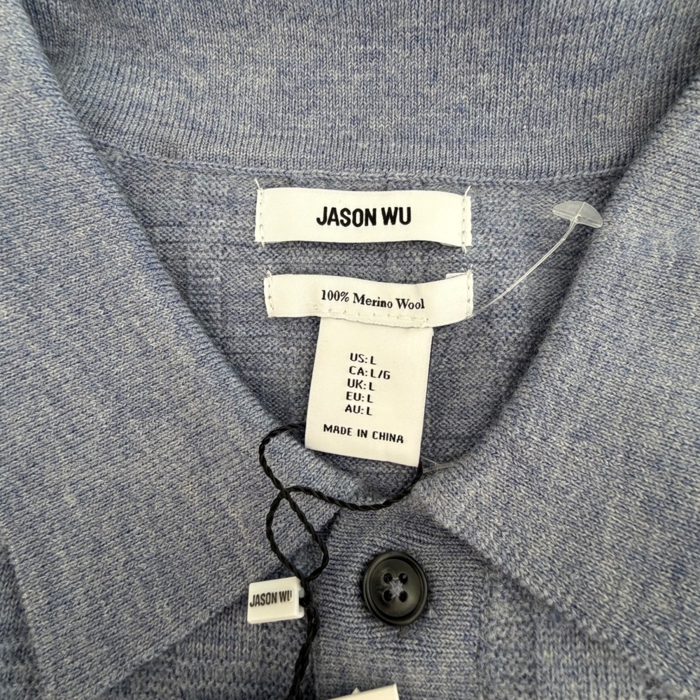 Jason Wu Men's Knit Button Down Shirt Short Sleeve 100% Merino Wool Blue L NWT - Picture 8 of 13